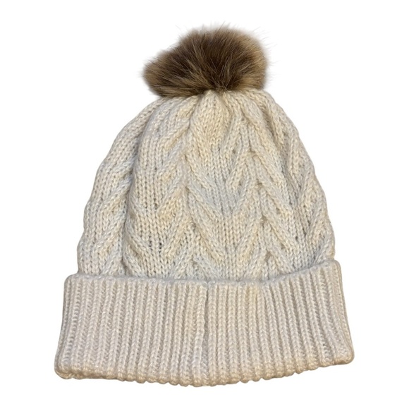 FUBU Cream Knit Hat with Fur Pom - Picture 6 of 6